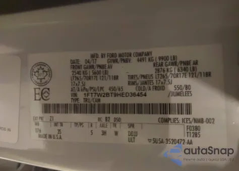 2017 Ford F-250 Xlt z USA, uszkodzony, nr VIN 1FT7W2BT9HED36454